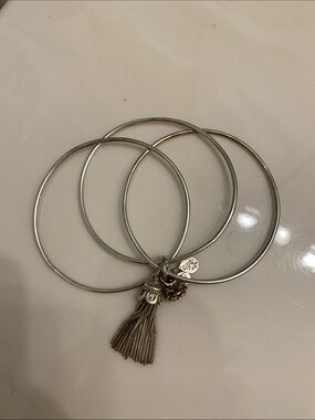 Silver Tassel Charm Bangle Bracelet Set - Women